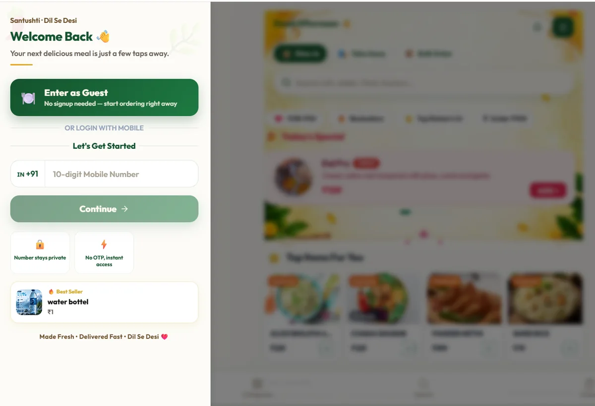 QRO POS walk-up QR guest entry screen with Enter as Guest, optional mobile login and the menu behind it