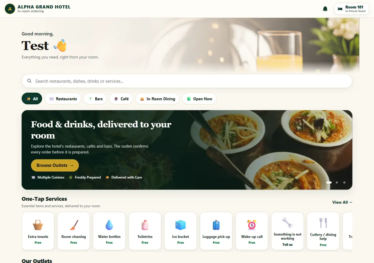 QRO POS hotel guest homepage listing several outlets with opening hours
