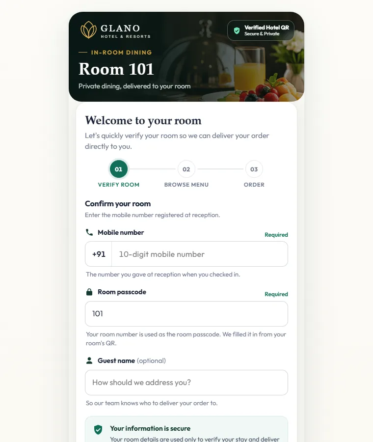 QRO POS room verification screen shown before in-room dining